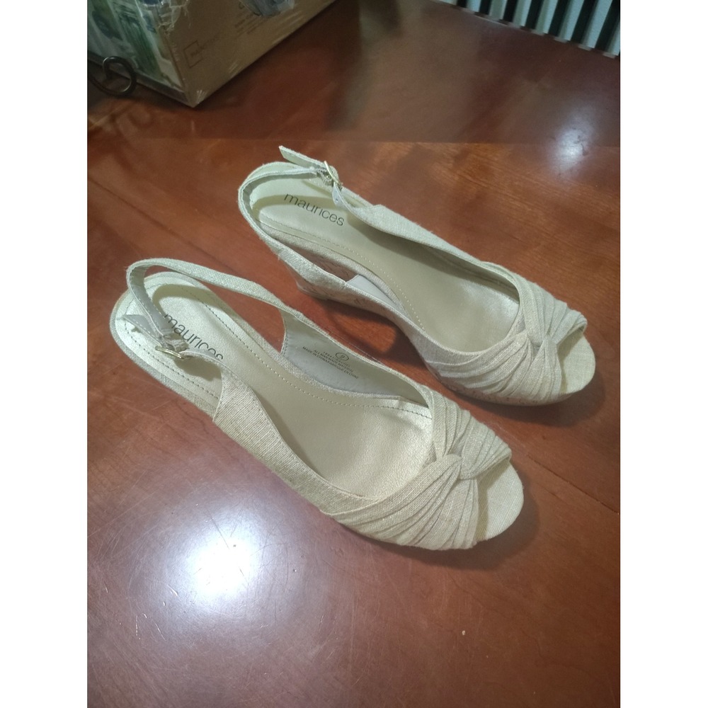 Maurices Rachel Beige Linen Cork Wedge Sandals Peep Toe Slingback Womens 9